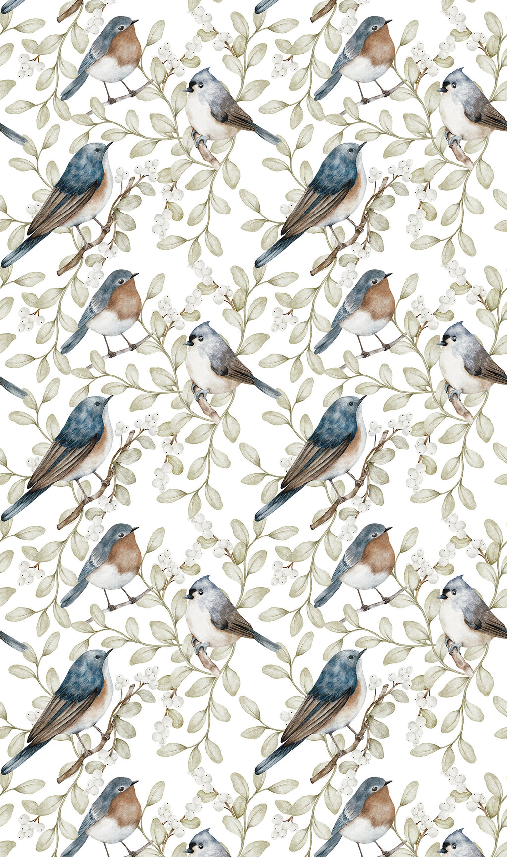 Birds and white berries white wallpaper