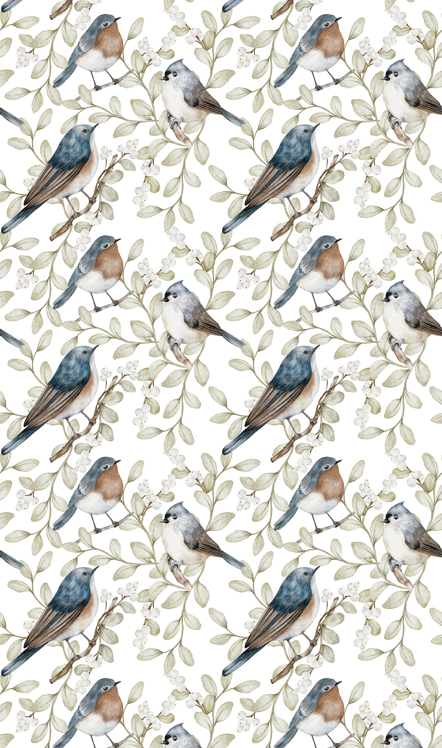 Birds and white berries white wallpaper