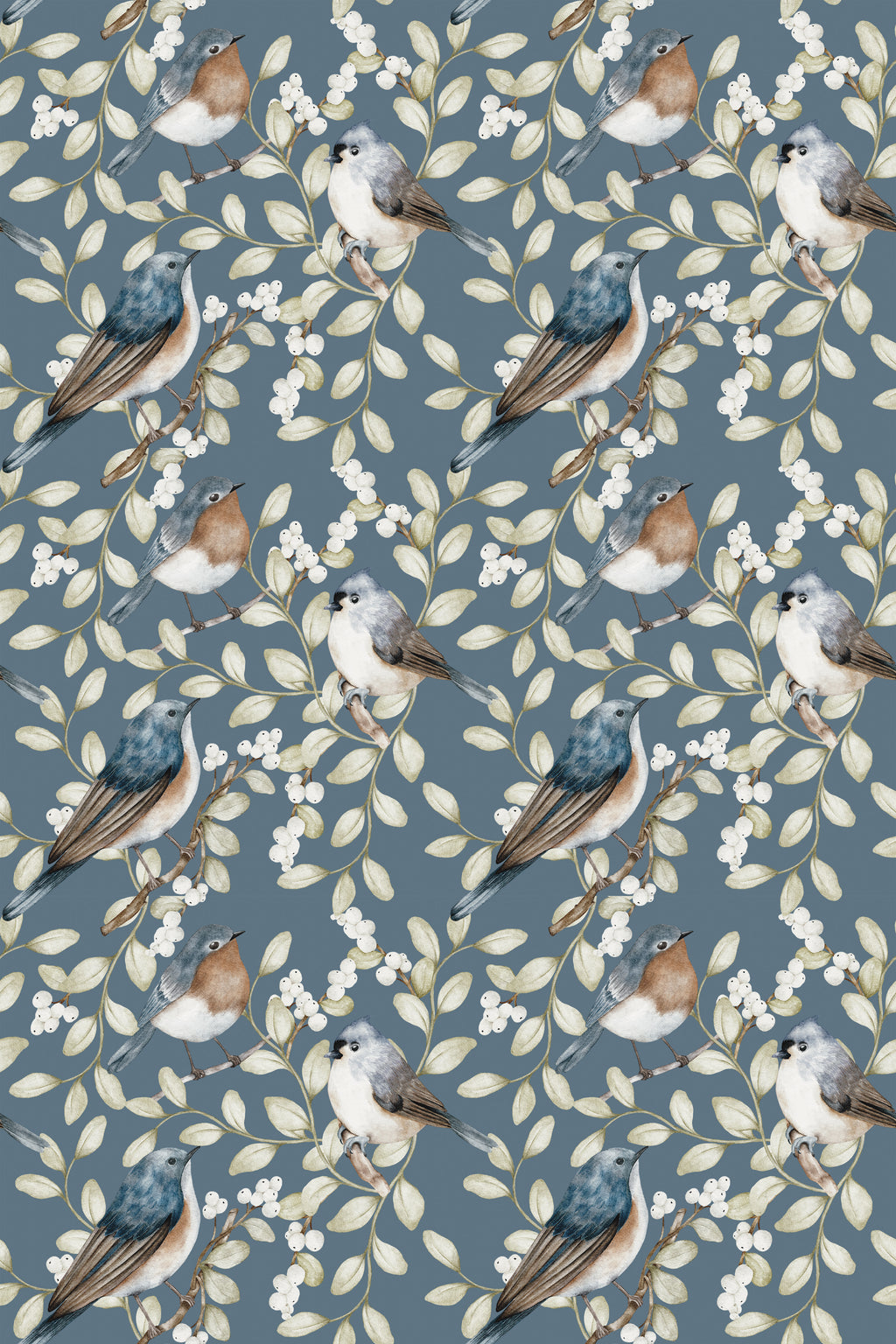 Birds and white berries navy wallpaper