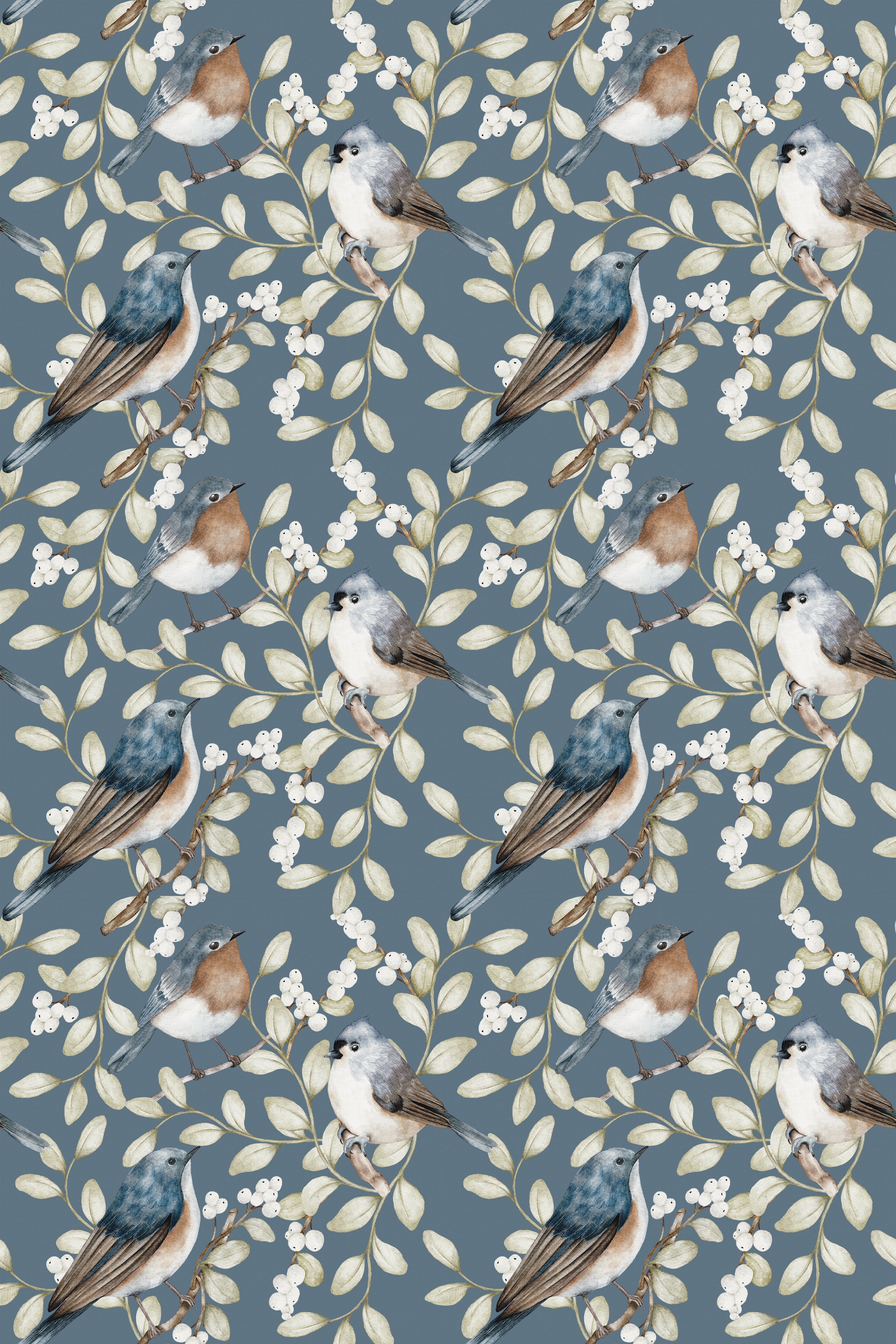 Birds and white berries navy wallpaper