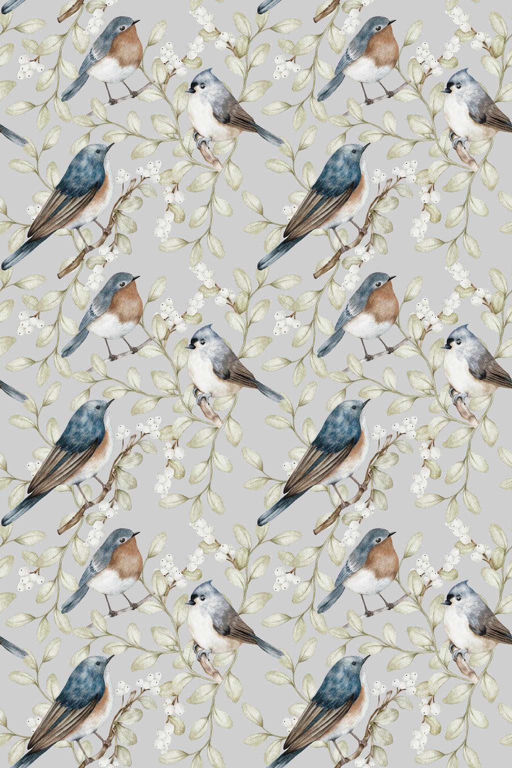 Birds and white berries beige wallpaper