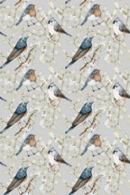 Birds and white berries beige wallpaper