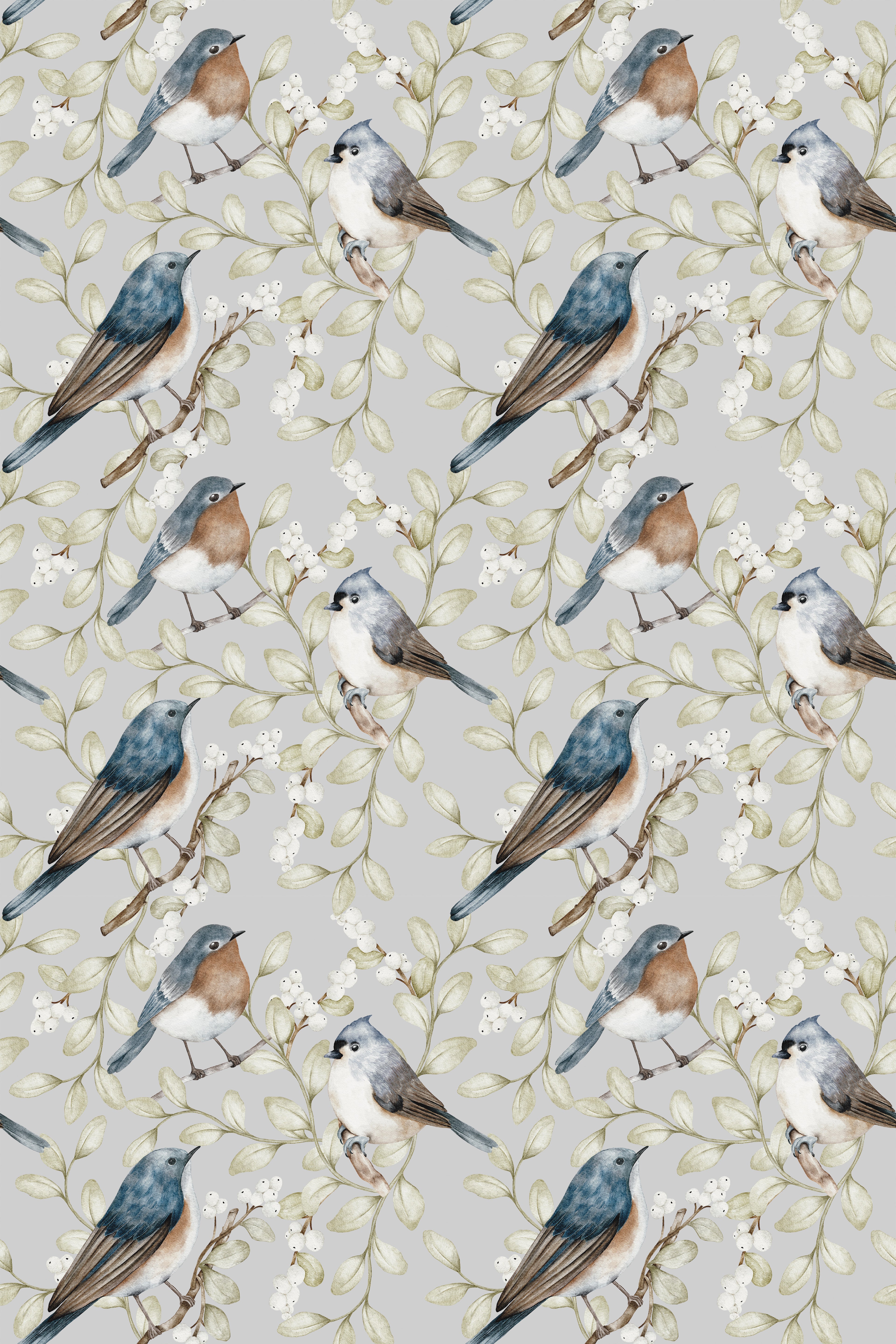 Birds and white berries beige wallpaper